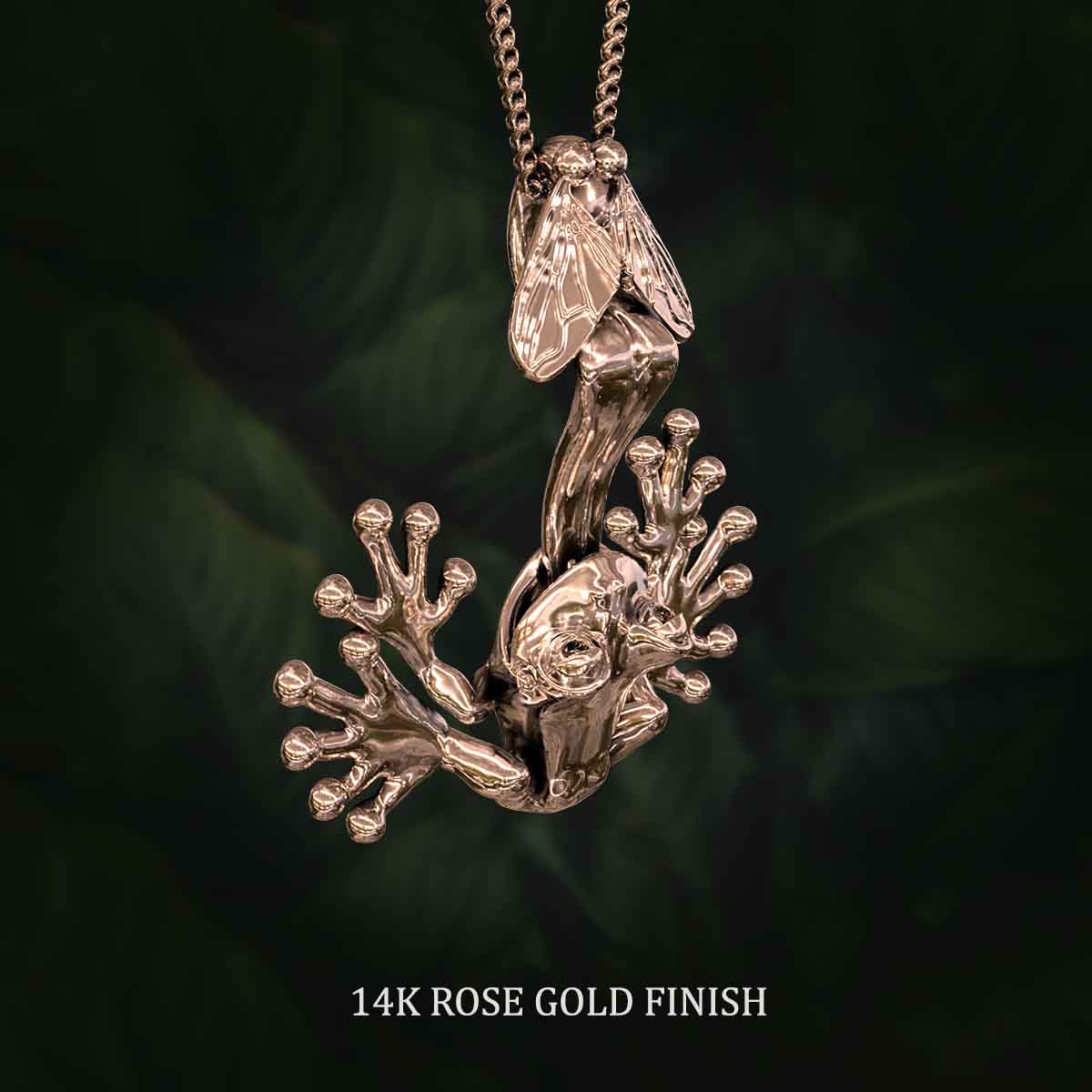     14K-Rose-Gold-Finish-Frog-Catching-Fly-With-Tongue-Pendant-Jewelry-For-Necklace