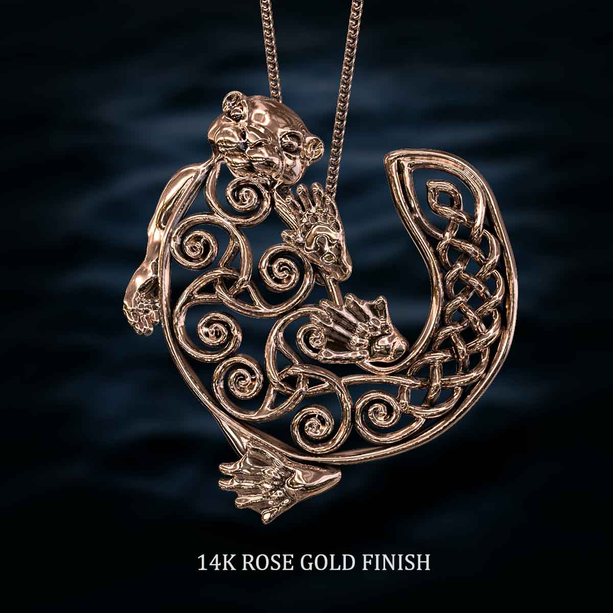 14K-Rose-Gold-Rhodium-Finish-Celtic-Otter-Pendant-Jewelry-For-Necklace