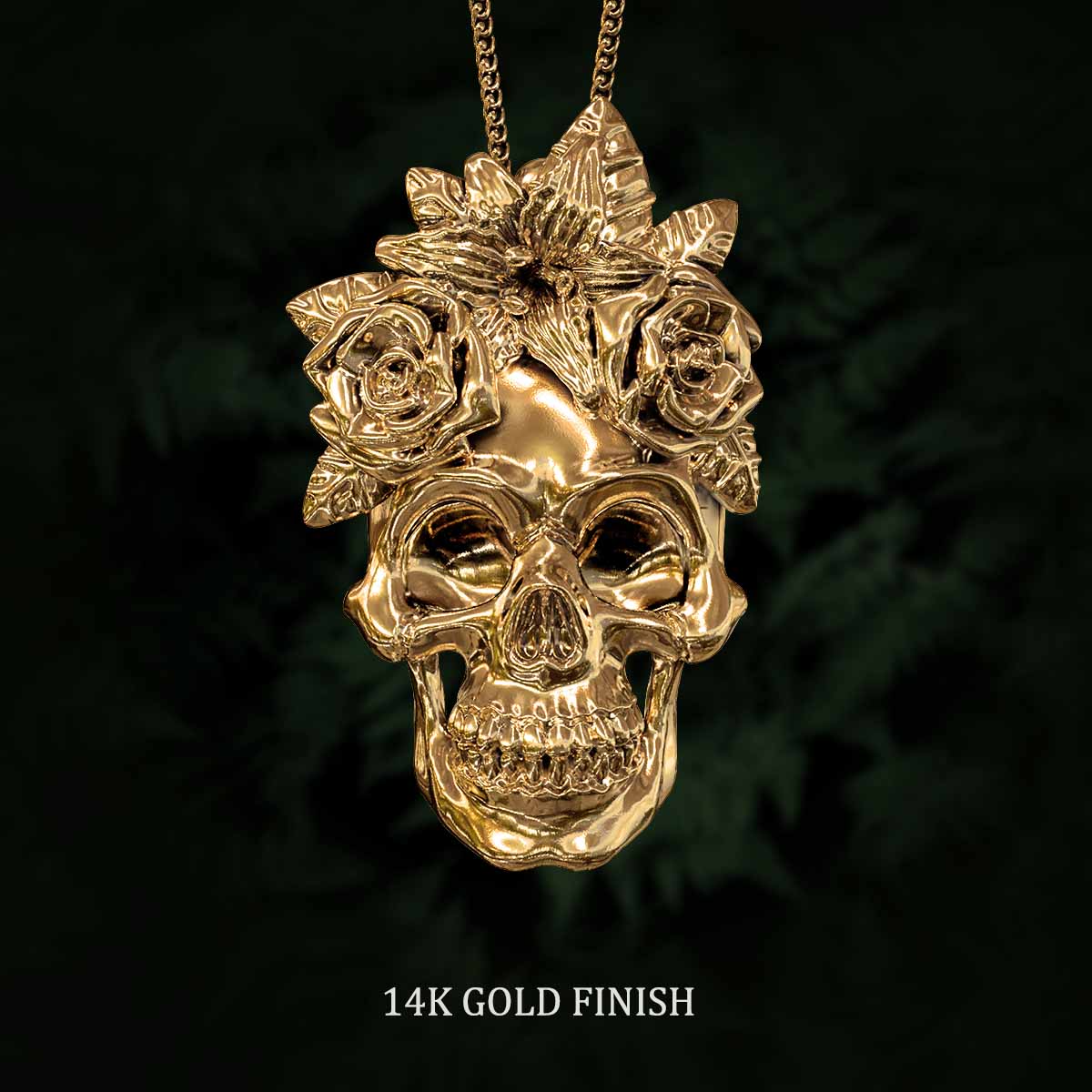     14k-Gold-Finish-Human-Skull-and-Flowers-Pendant-Jewelry-For-Necklace