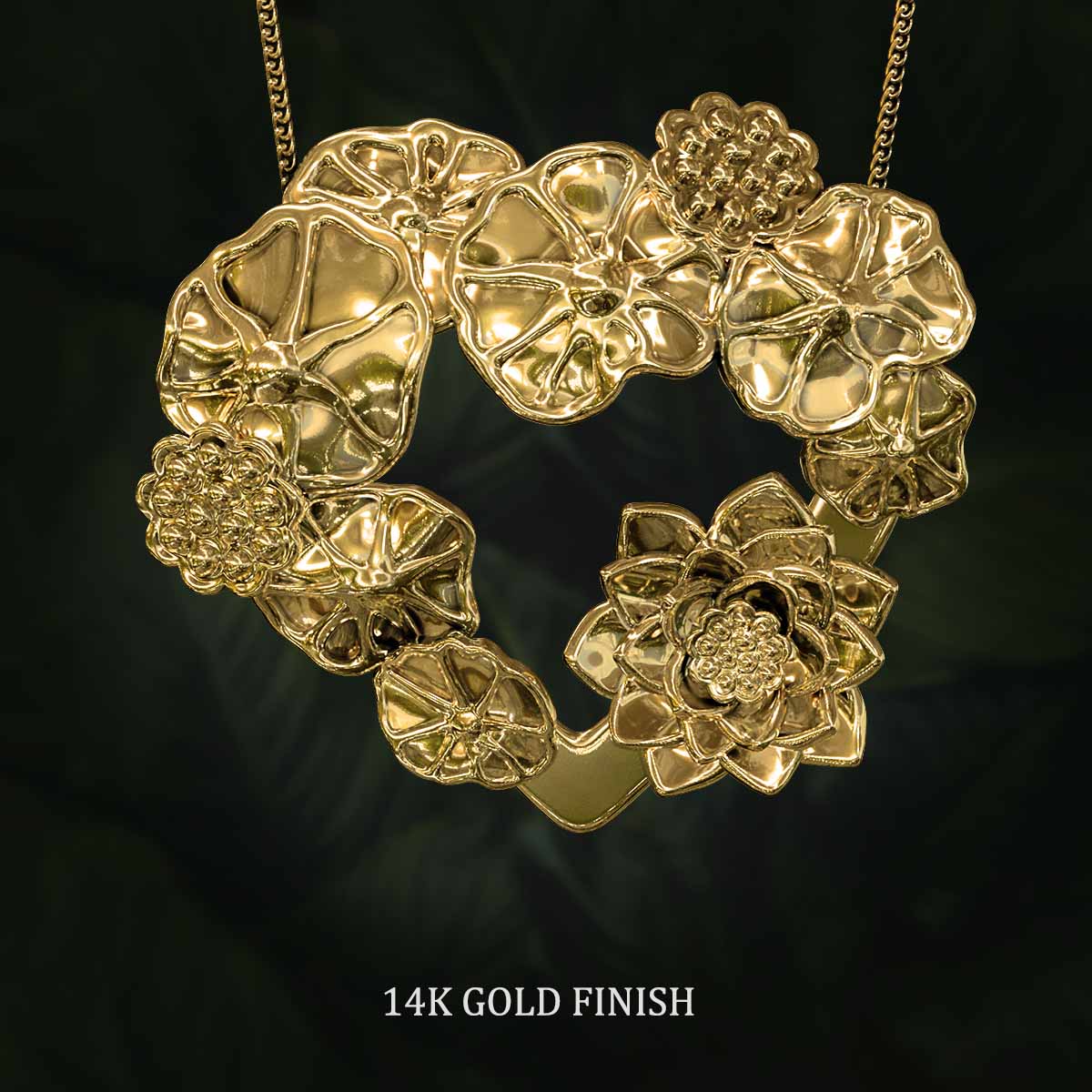 14k-Gold-Finish-Lotus-Leaves-with-Flower-and-Seed-Pods-Pendant-Jewelry-For-Necklace