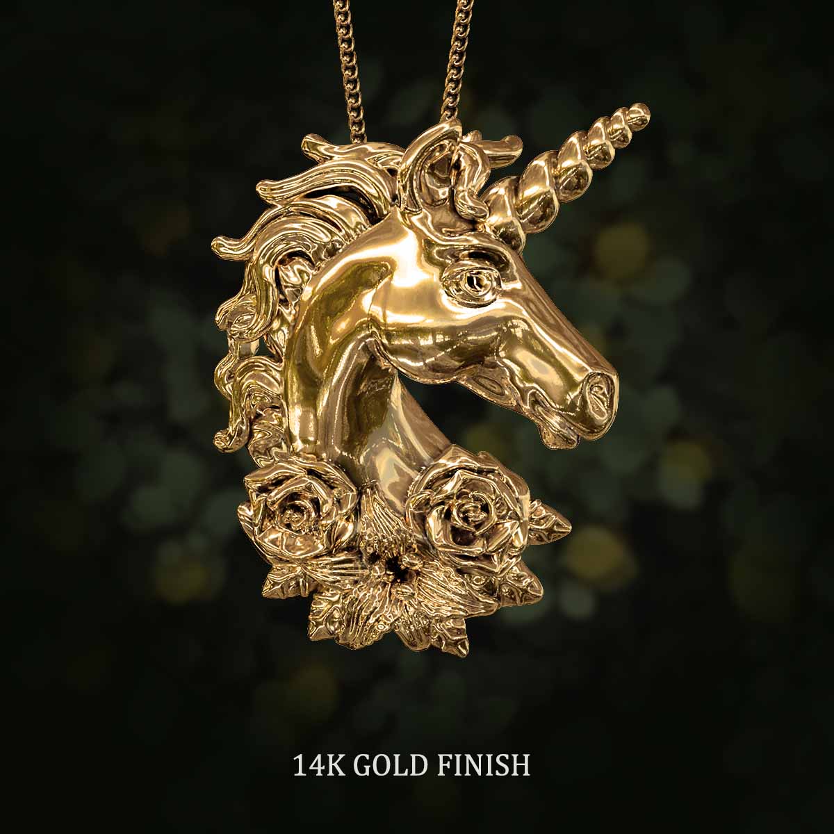    14k-Gold-Finish-Unicorn-With-Flowers-Pendant-Jewelry-For-Necklace