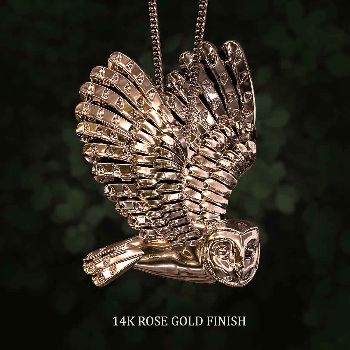     14k-Rose-Gold-Finish-Barn-Owl-Wings-Up-Pendant-Jewelry-For-Necklace