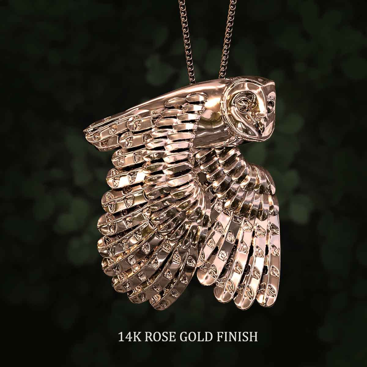 14k-Rose-Gold-Finish-Flying-Barn-Owl-Pendant-Jewelry-For-Necklace