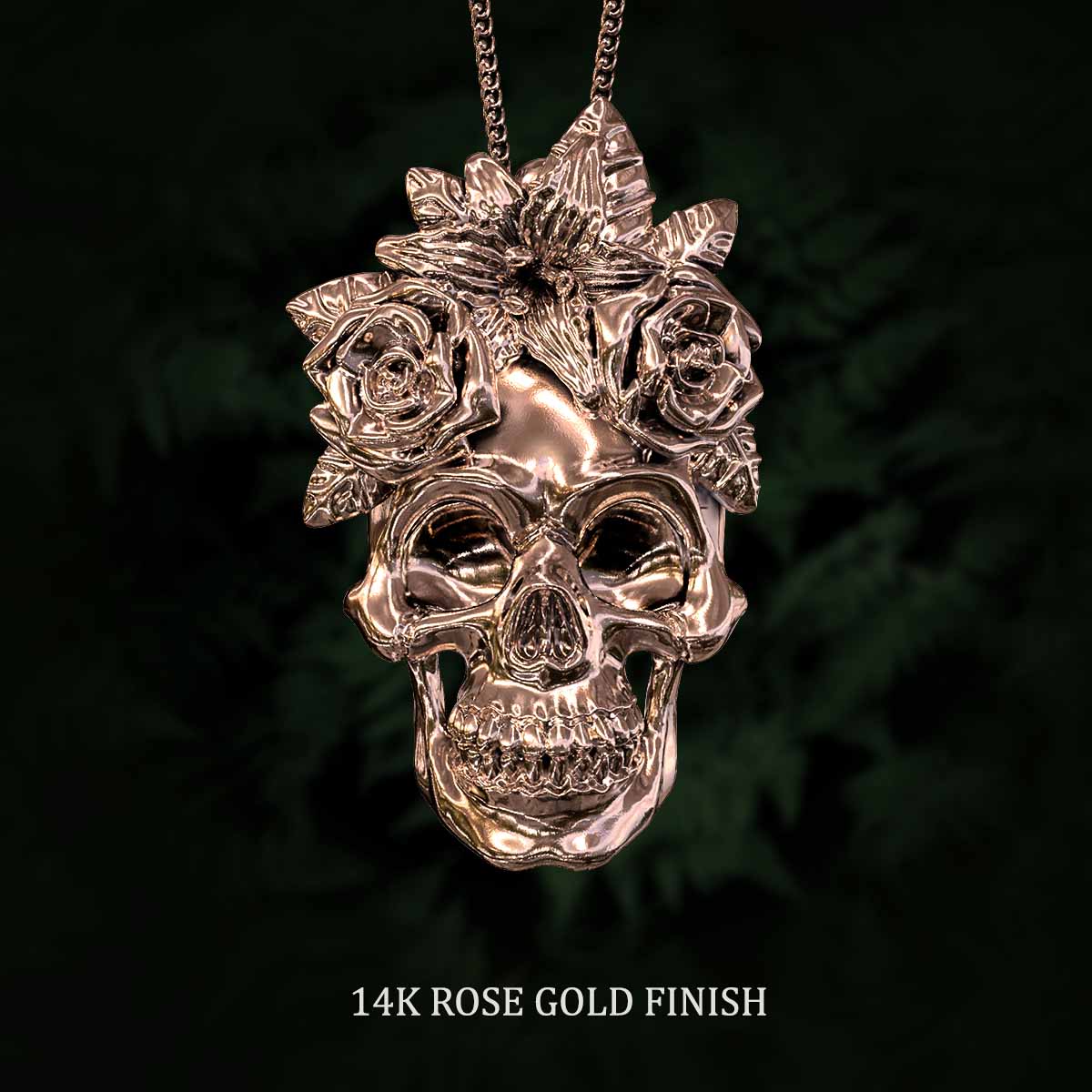     14k-Rose-Gold-Finish-Human-Skull-and-Flowers-Pendant-Jewelry-For-Necklace