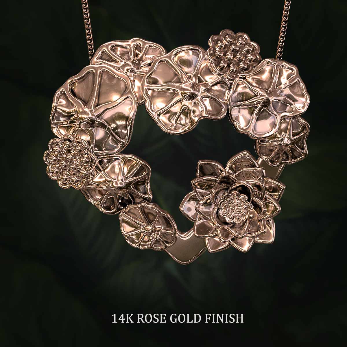 14k-Rose-Gold-Finish-Lotus-Leaves-with-Flower-and-Seed-Pods-Pendant-Jewelry-For-Necklace