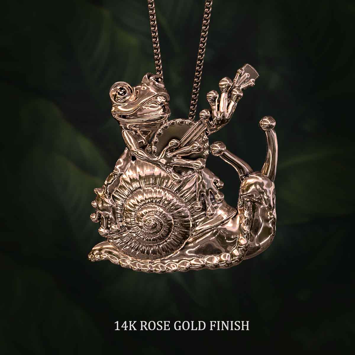    14k-Rose-Gold-Finish-Serenading-Frog-and-Snail-Pendant-Jewelry-For-Necklace