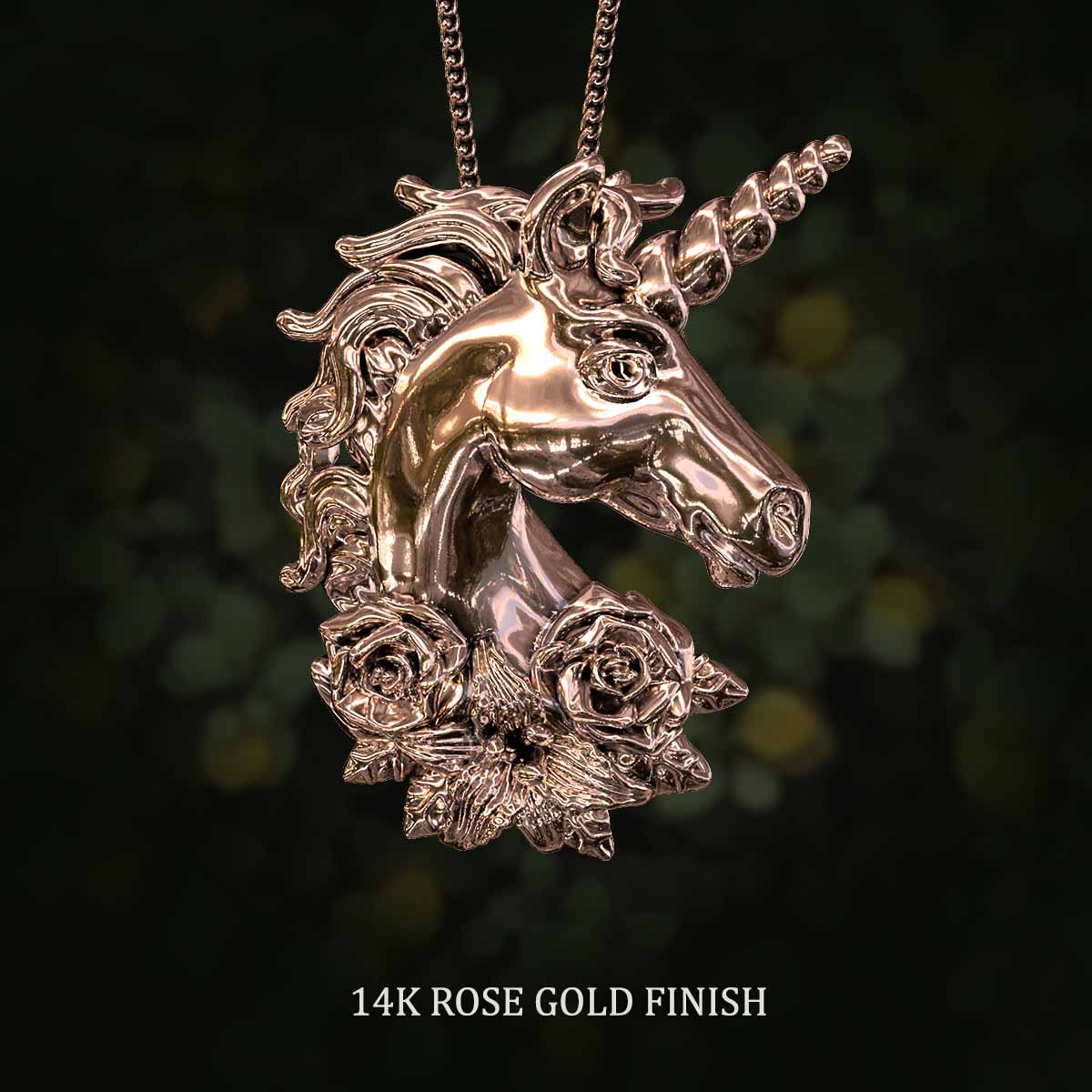     14k-Rose-Gold-Finish-Unicorn-With-Flowers-Pendant-Jewelry-For-Necklace