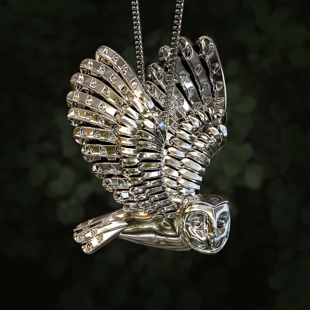 Main-Image-White-Gold-Rhodium-Barn-Owl-Wings-Up-Pendant-Jewelry-For-Necklace