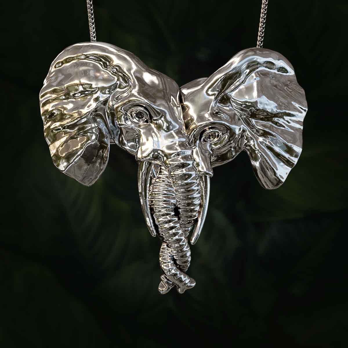 Main-Image-White-Gold-Rhodium-Finish-Elephant-Heads-with-Trunks-Entwined-Pendant-Jewelry-For-Necklace