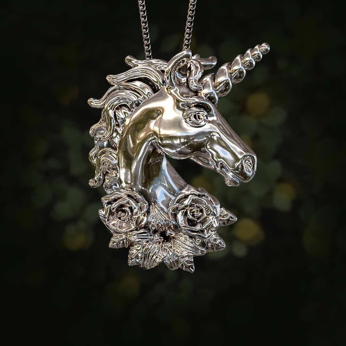 Main-Image-White-Gold-Rhodium-Finish-Unicorn-With-Flowers-Pendant-Jewelry-For-Necklace