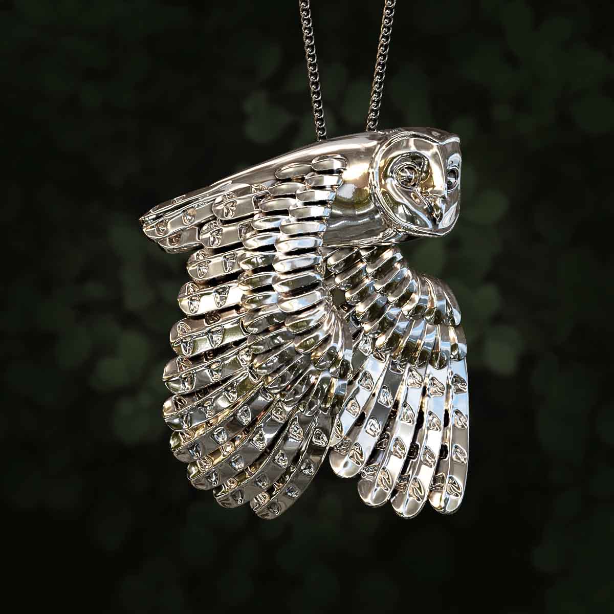 Main-Image-White-Gold-Rhodium-Flying-Barn-Owl-Pendant-Jewelry-For-Necklace