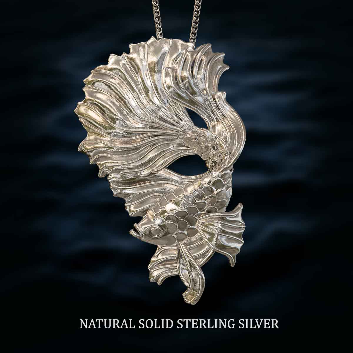     Natural-Satin-Polish-Solid-Sterling-Silver-Betta-Fish-Pendant-Jewelry-For-Necklace