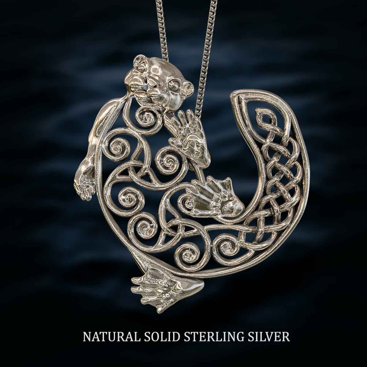 Natural-Satin-Polish-Solid-Sterling-Silver-Celtic-Otter-Pendant-Jewelry-For-Necklace