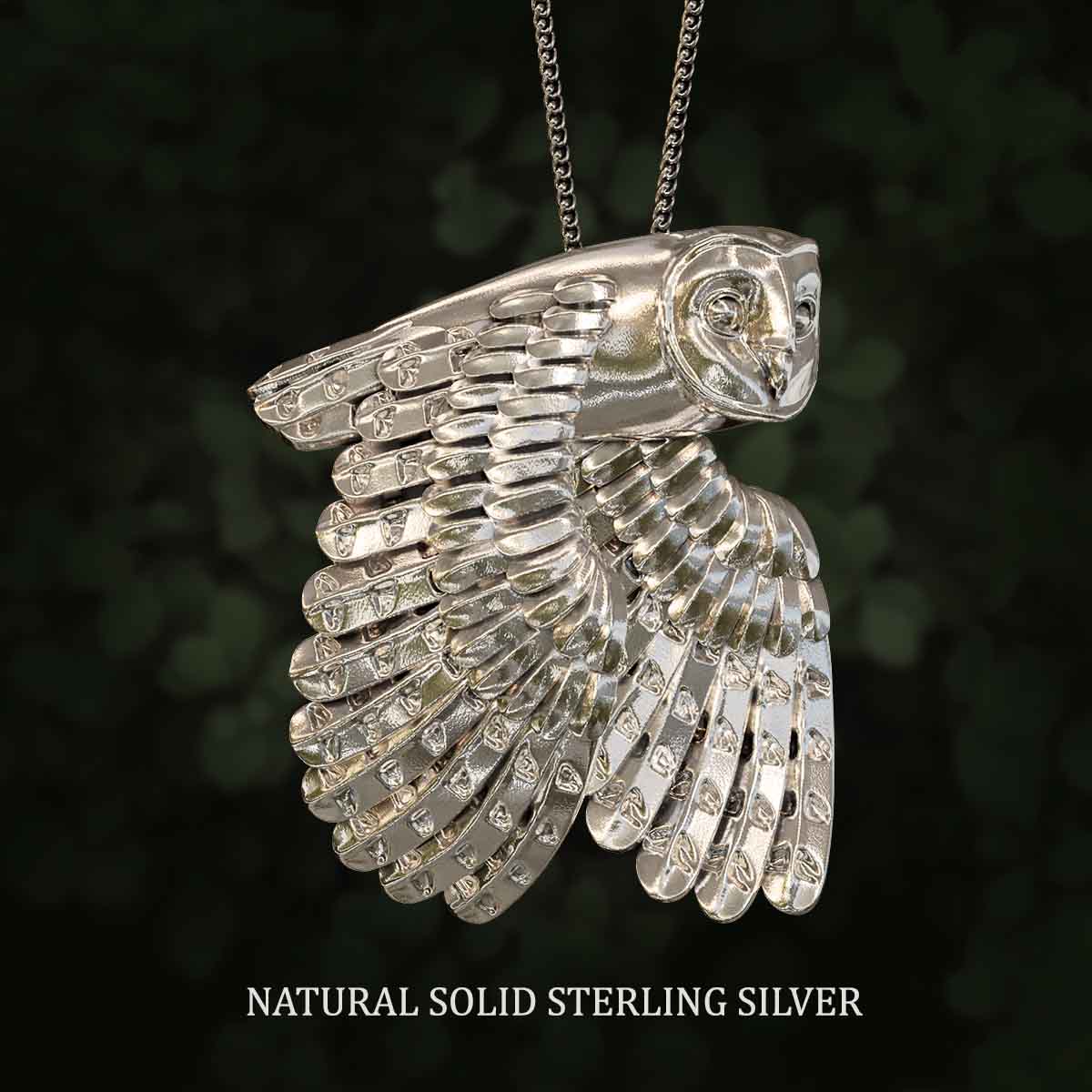 Natural-Satin-Polish-Solid-Sterling-Silver-Flying-Barn-Owl-Pendant-Jewelry-For-Necklace