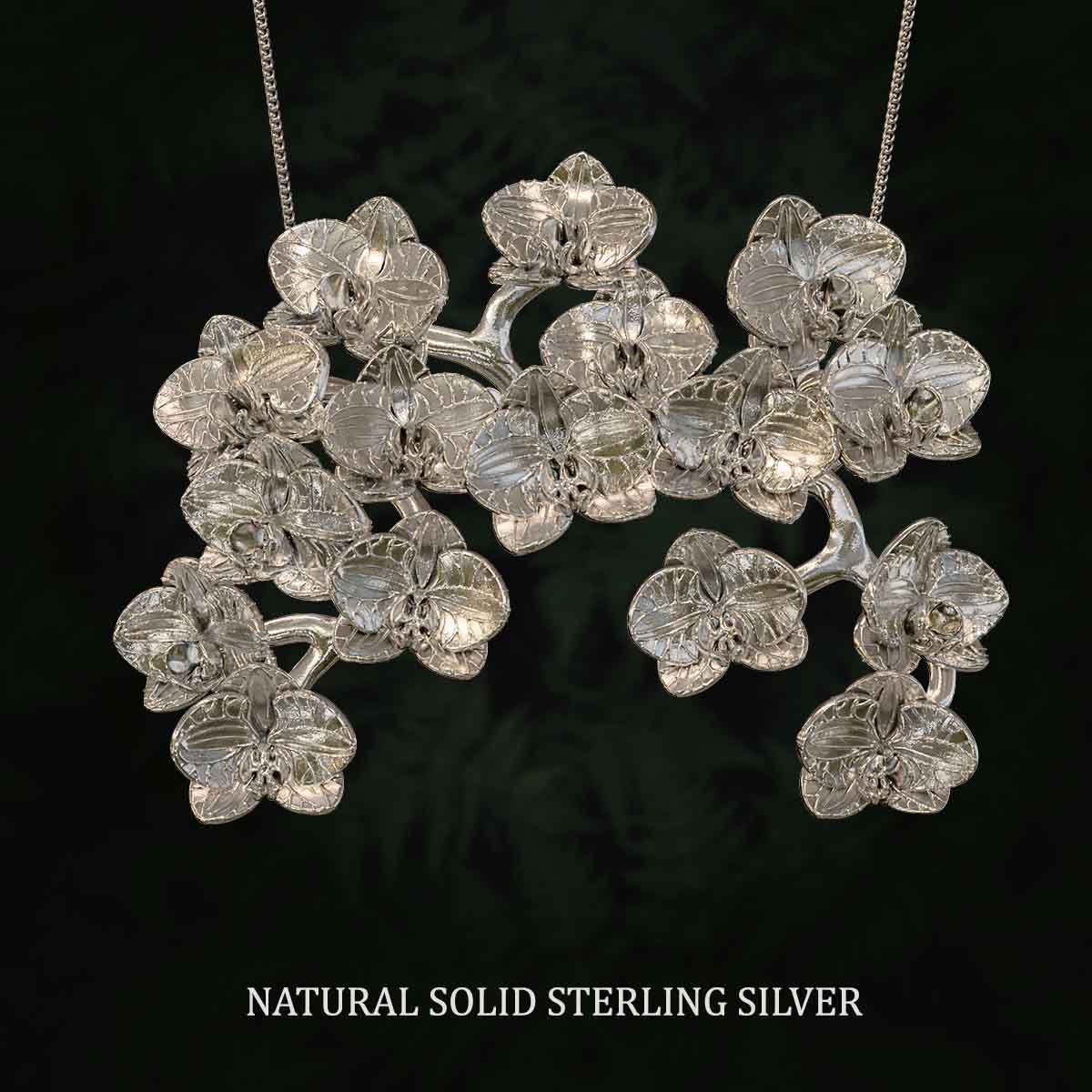Natural-Satin-Polish-Solid-Sterling-Silver-Grand-Orchid-Bough-Pendant-Jewelry-For-Necklace