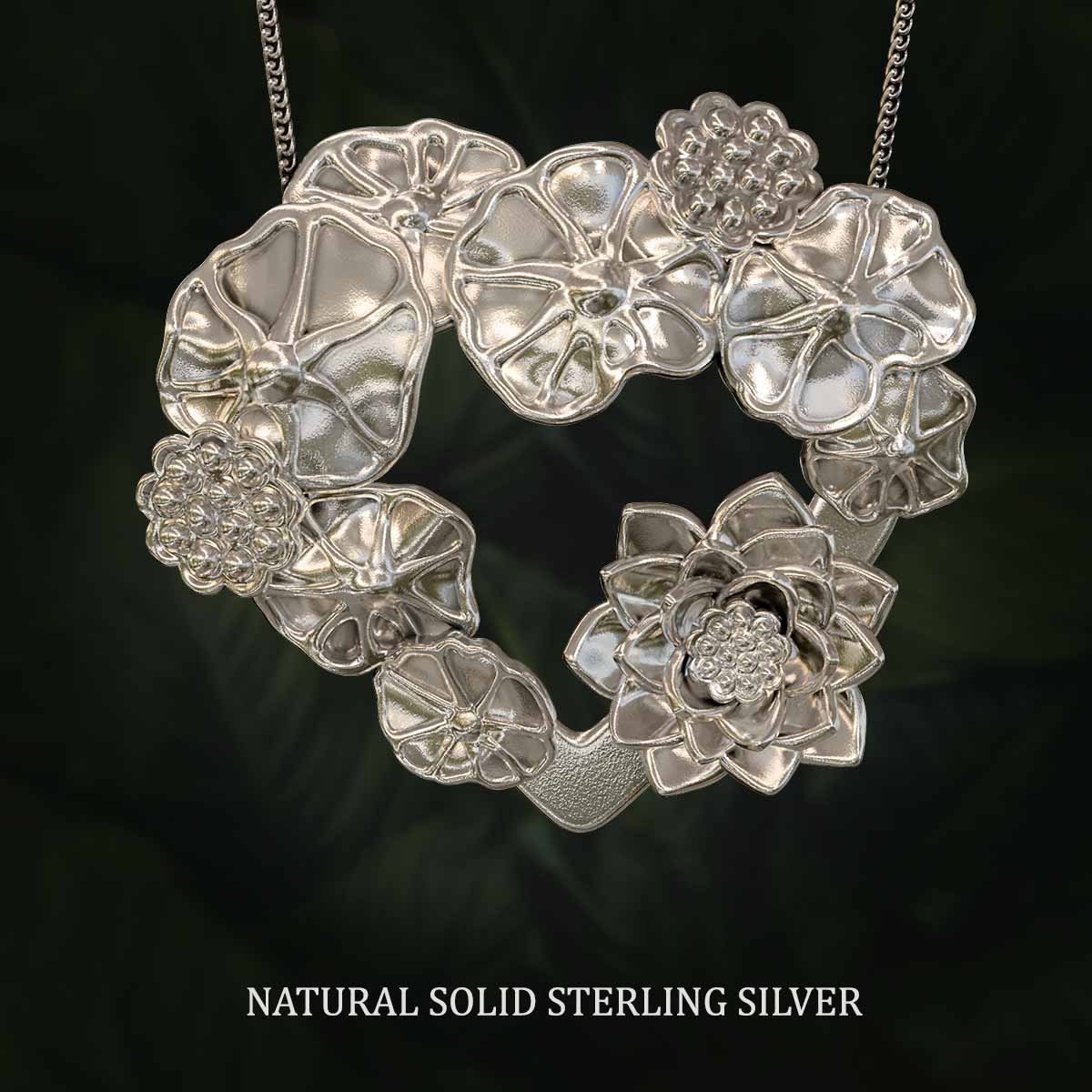 Natural-Satin-Polish-Solid-Sterling-Silver-Lotus-Leaves-with-Flower-and-Seed-Pods-Pendant-Jewelry-For-Necklace