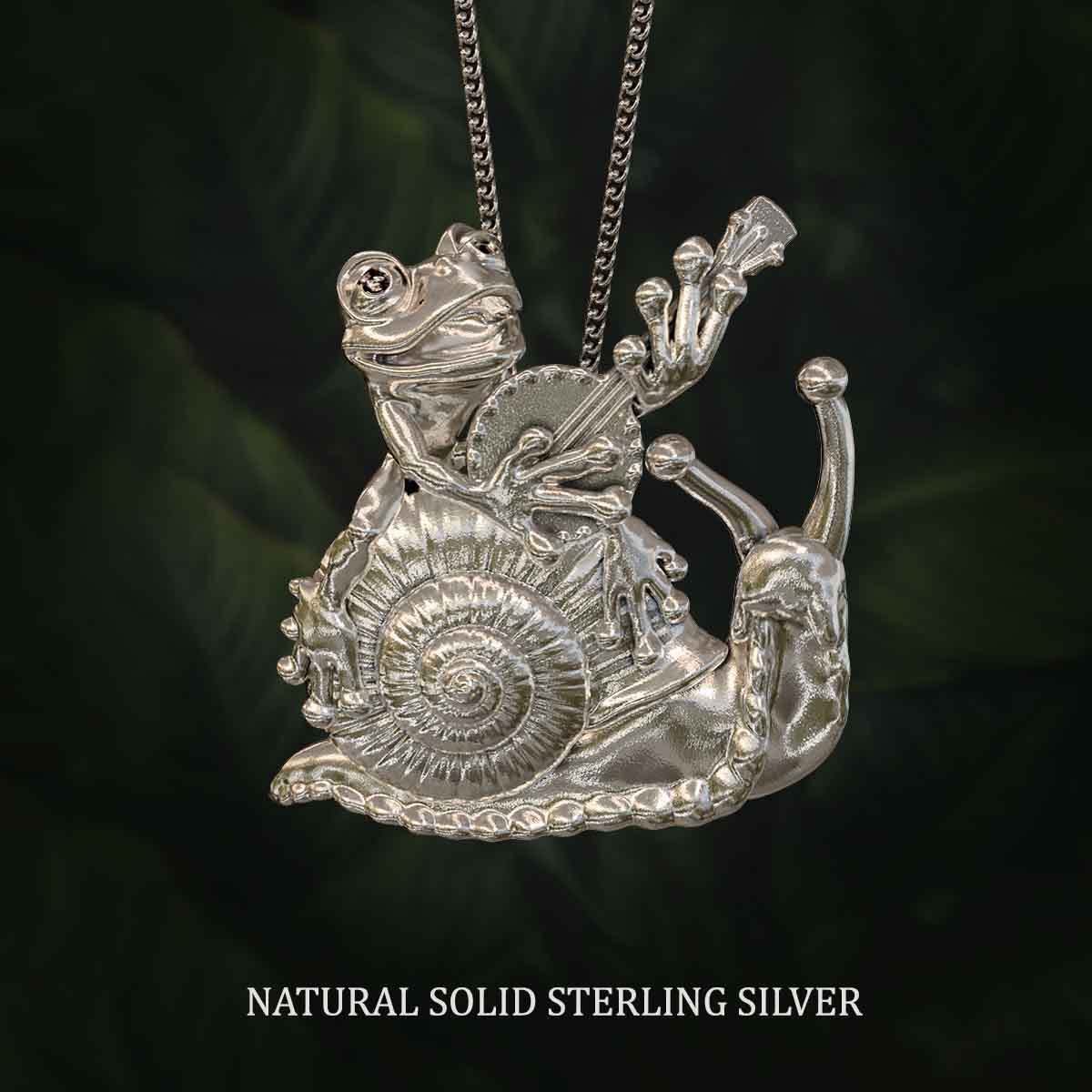 Natural-Satin-Polish-Solid-Sterling-Silver-Serenading-Frog-and-Snail-Pendant-Jewelry-For-Necklace