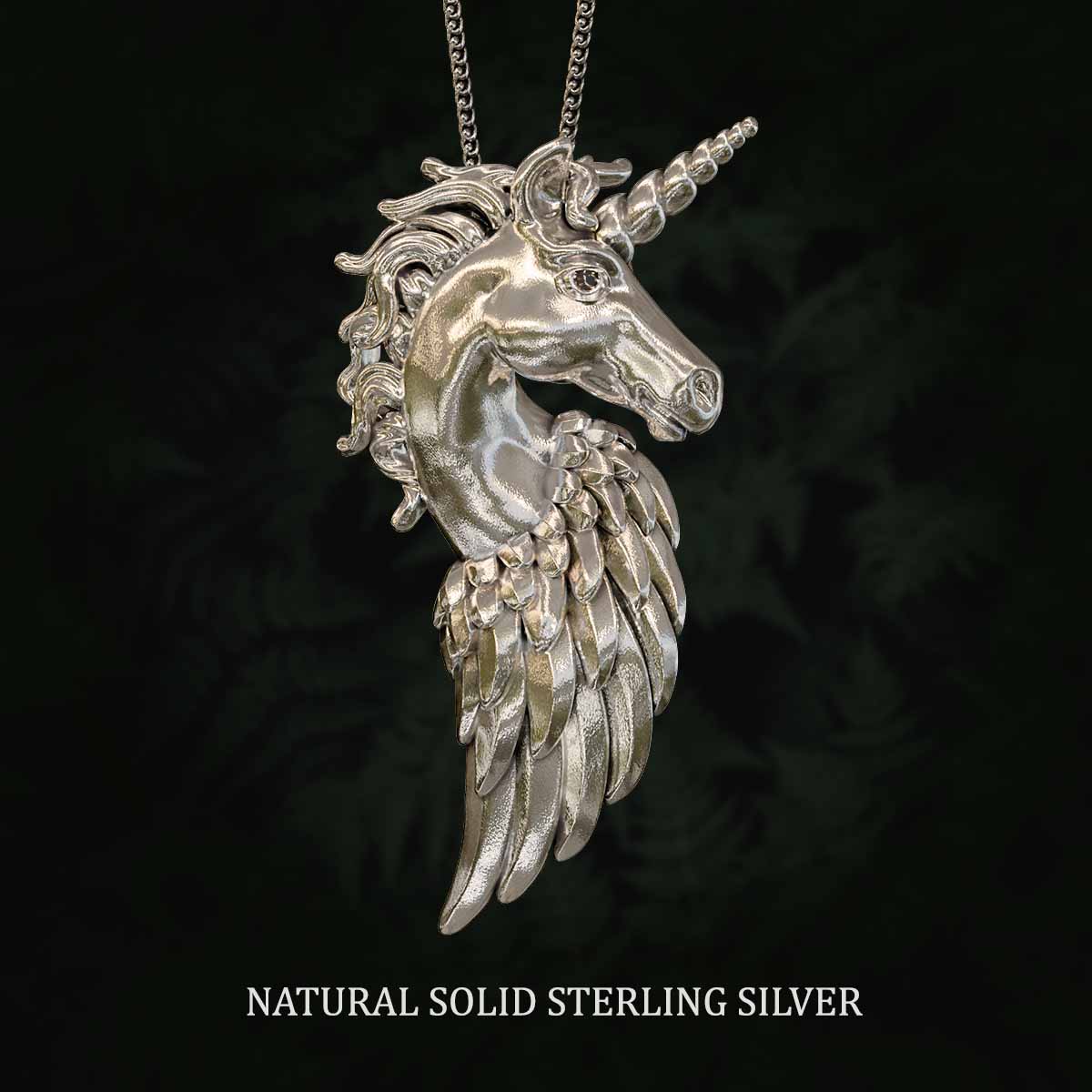 Natural-Satin-Polish-Solid-Sterling-Silver-Unicorn-Pegasus-Pendant-Jewelry-For-Necklace