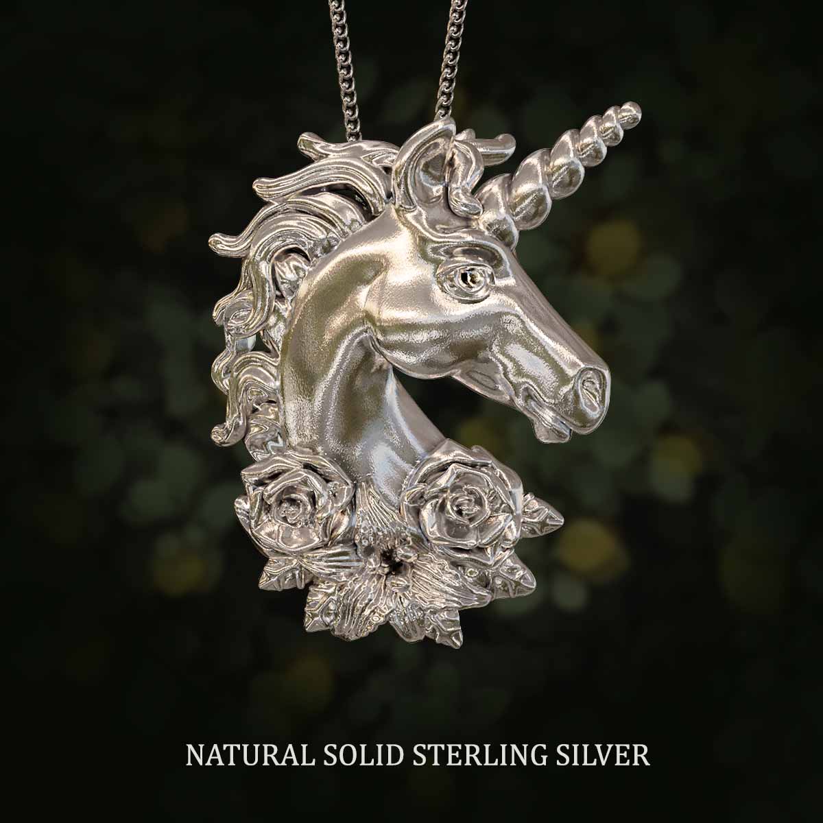 Natural-Satin-Polish-Solid-Sterling-Silver-Unicorn-With-Flowers-Pendant-Jewelry-For-Necklace
