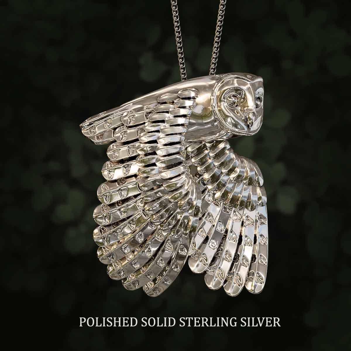 Polished-Solid-Sterling-Silver-Flying-Barn-Owl-Pendant-Jewelry-For-Necklace