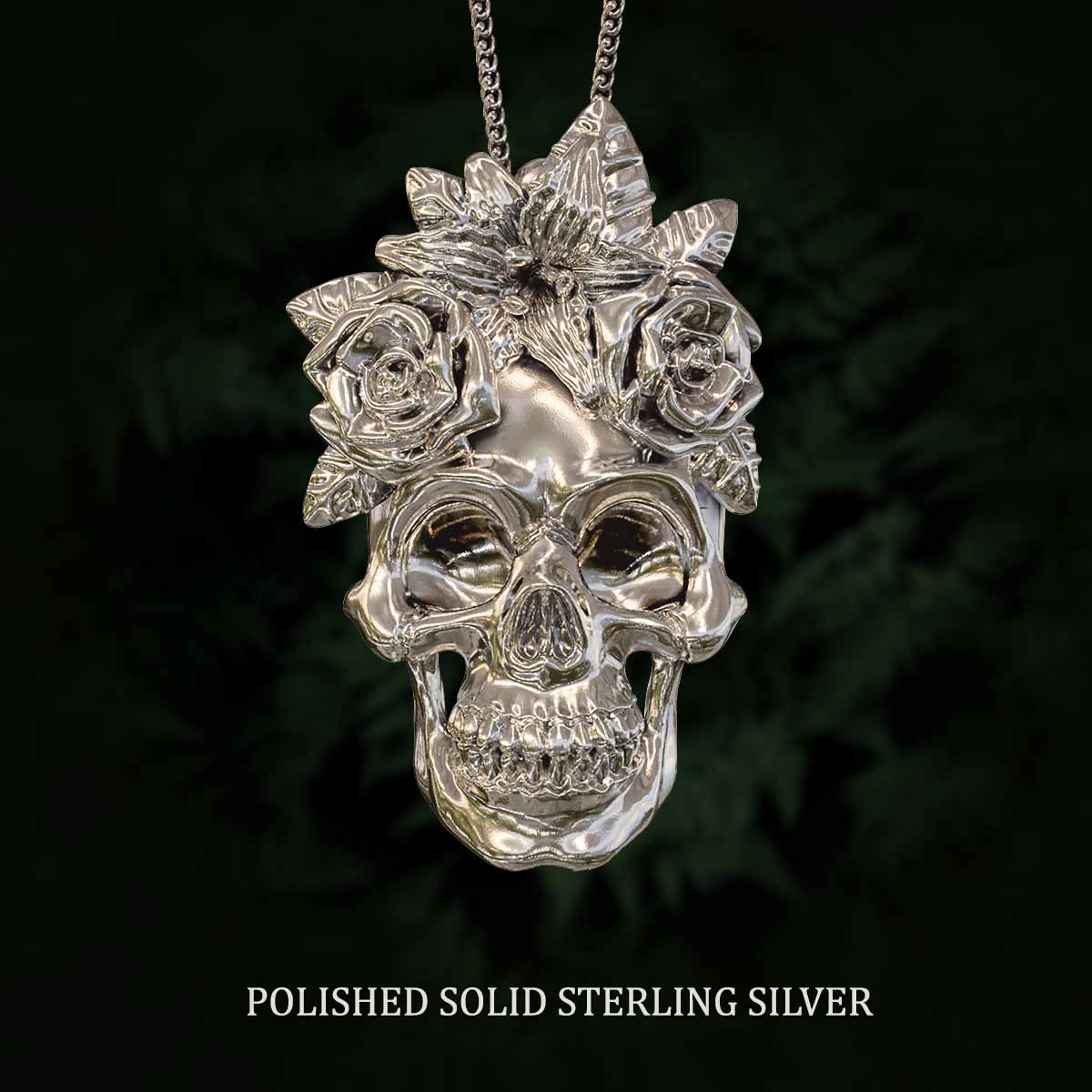     Polished-Solid-Sterling-Silver-Human-Skull-and-Flowers-Pendant-Jewelry-For-Necklace
