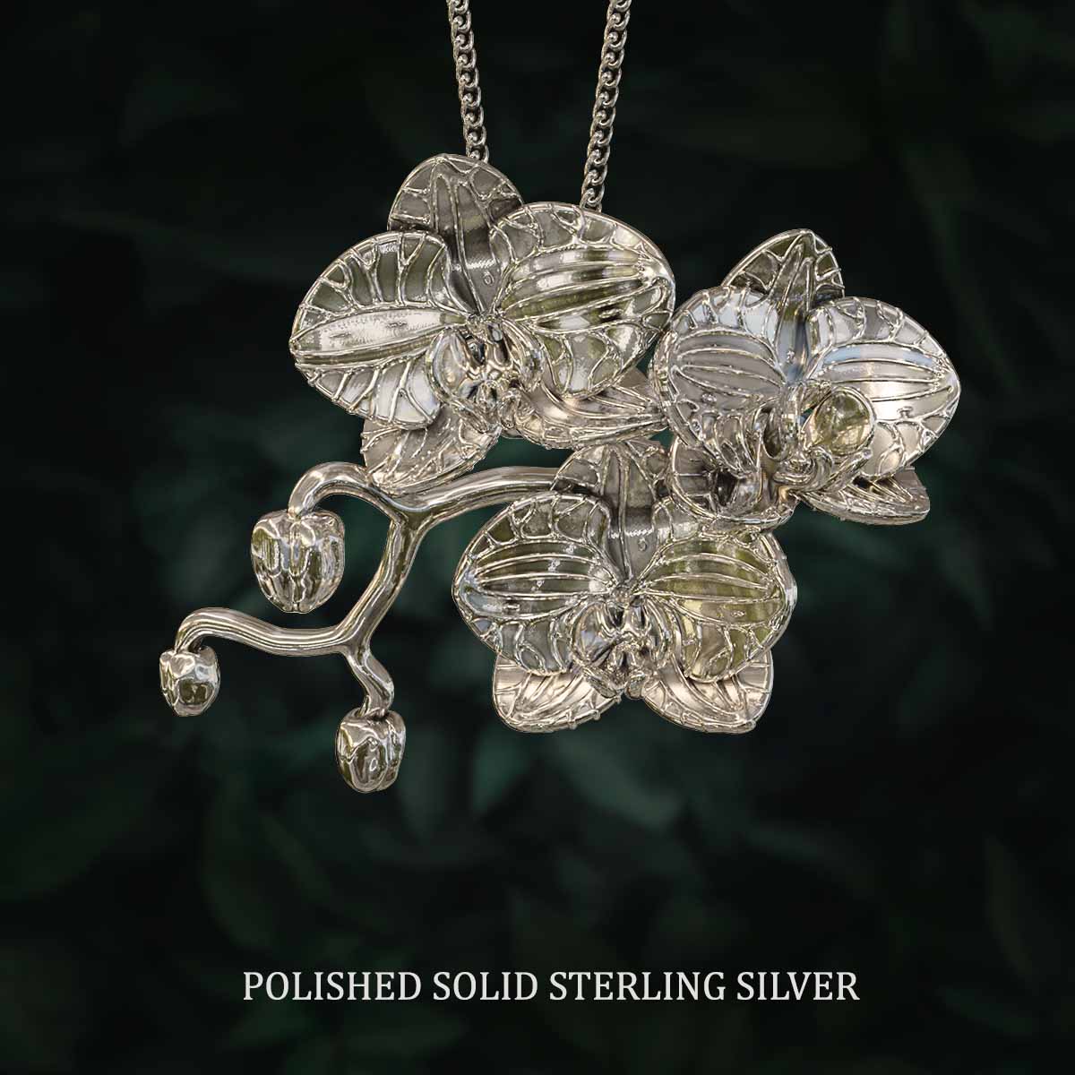Polished-Solid-Sterling-Silver-Three-Orchid-Flowers-Pendant-Jewelry-For-Necklace