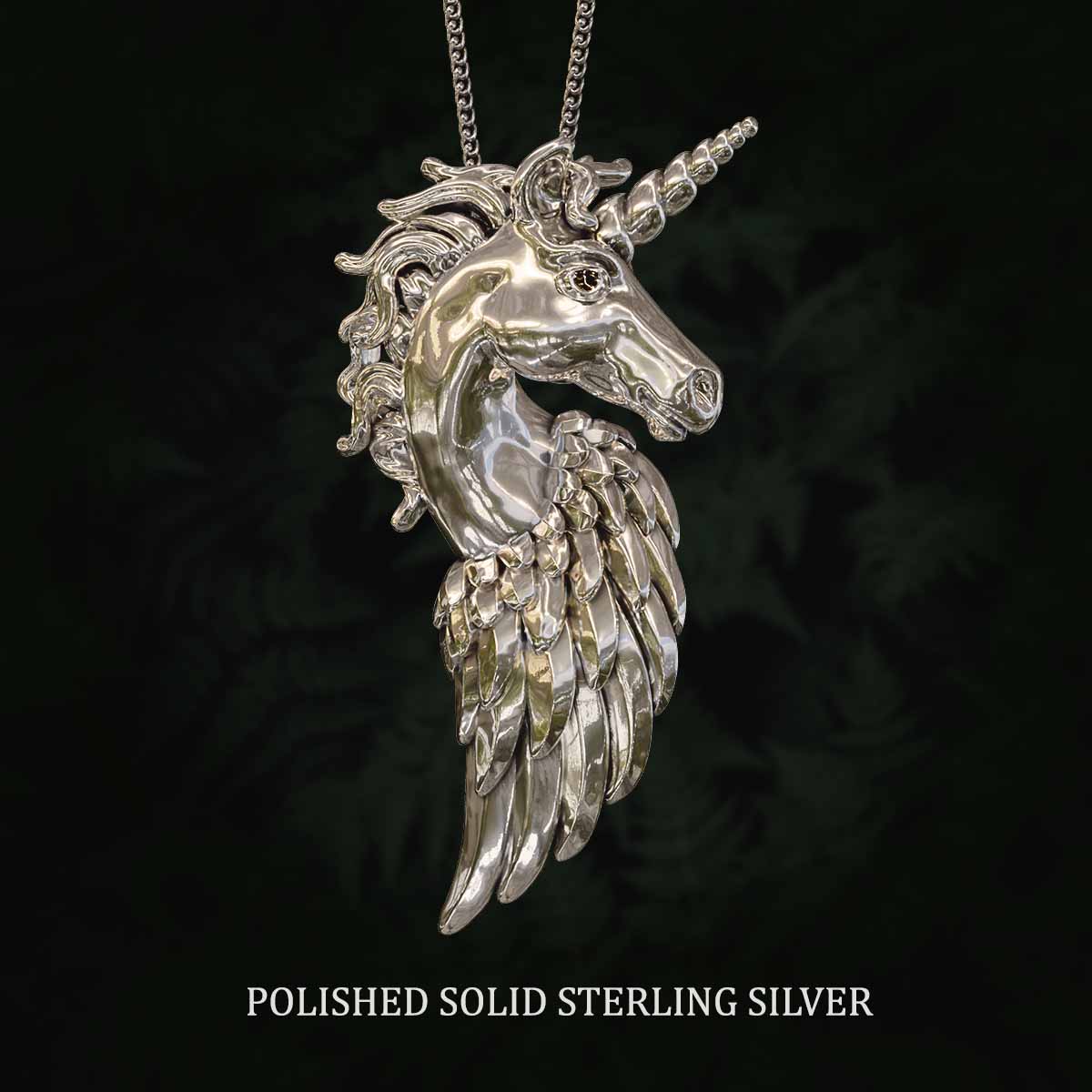     Polished-Solid-Sterling-Silver-Unicorn-Pegasus-Pendant-Jewelry-For-Necklace