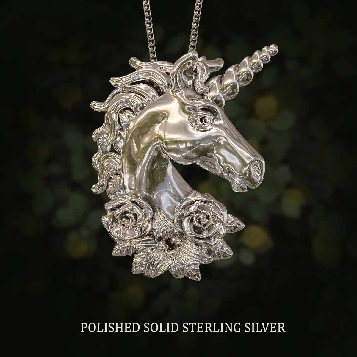     Polished-Solid-Sterling-Silver-Unicorn-With-Flowers-Pendant-Jewelry-For-Necklace