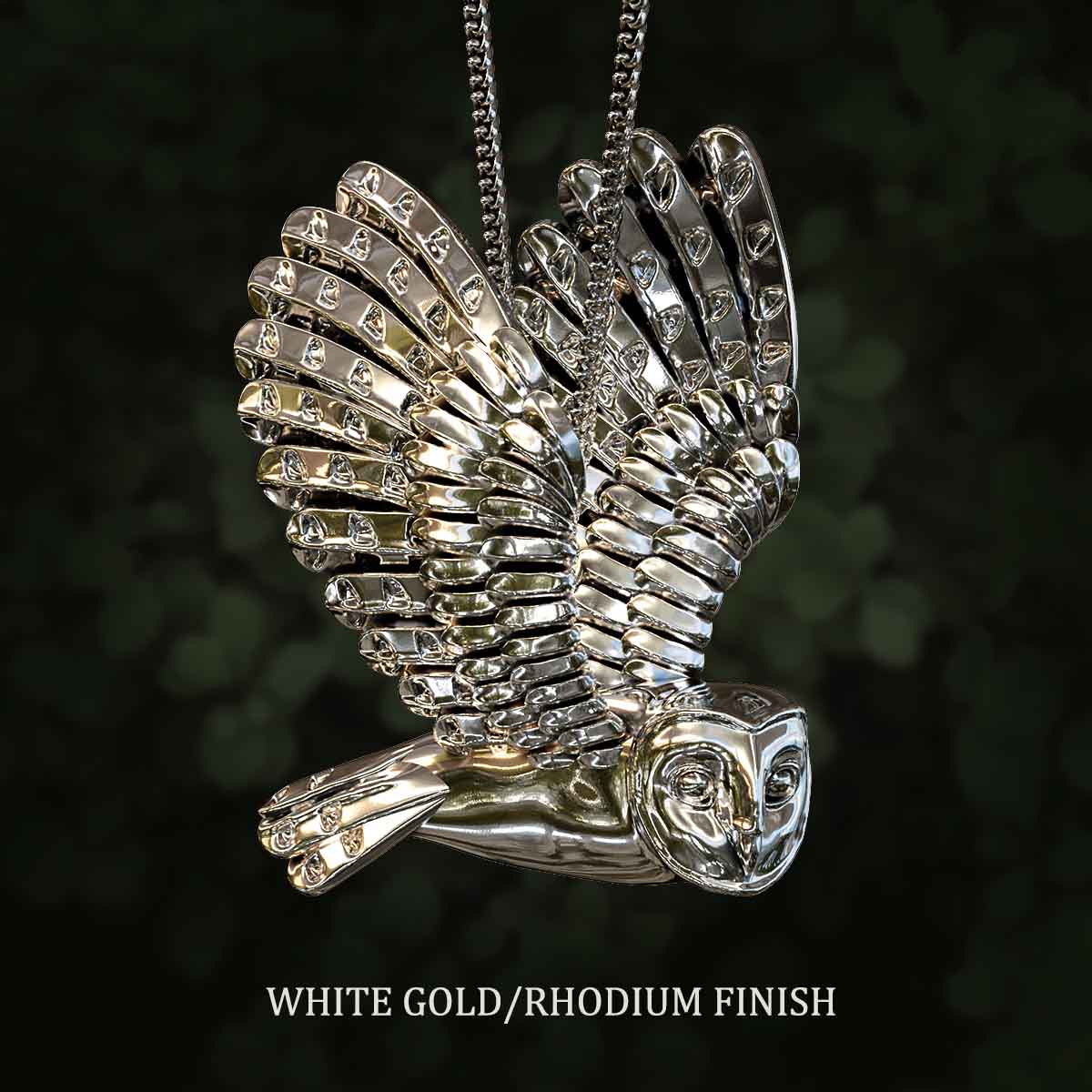 White-Gold-Rhodium-Barn-Owl-Wings-Up-Pendant-Jewelry-For-Necklace