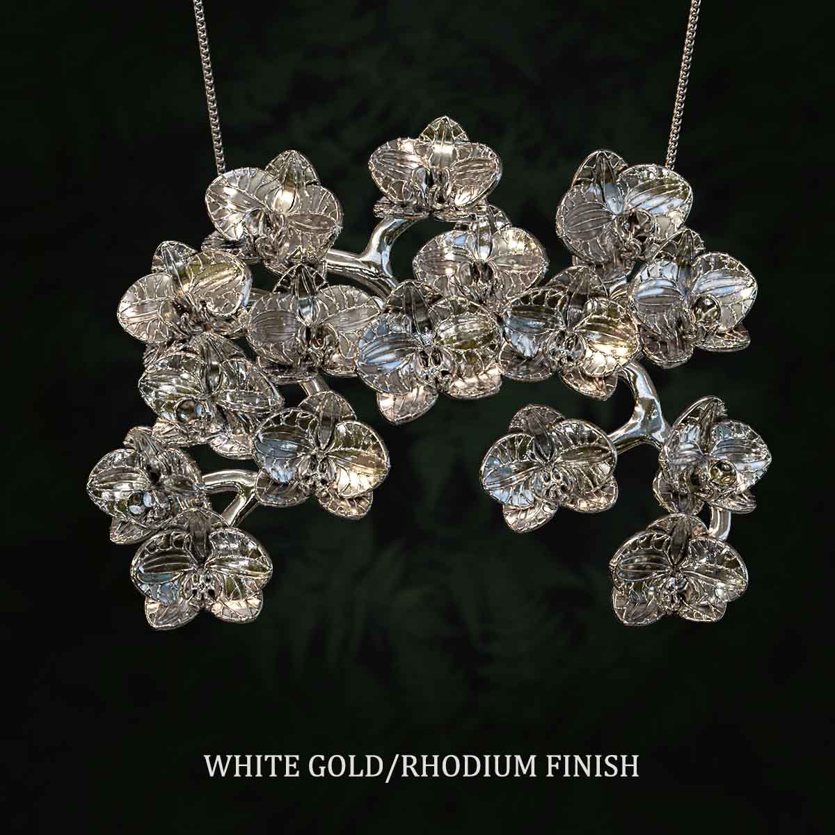 White-Gold-Rhodium-Finish-Grand-Orchid-Bough-Pendant-Jewelry-For-Necklace