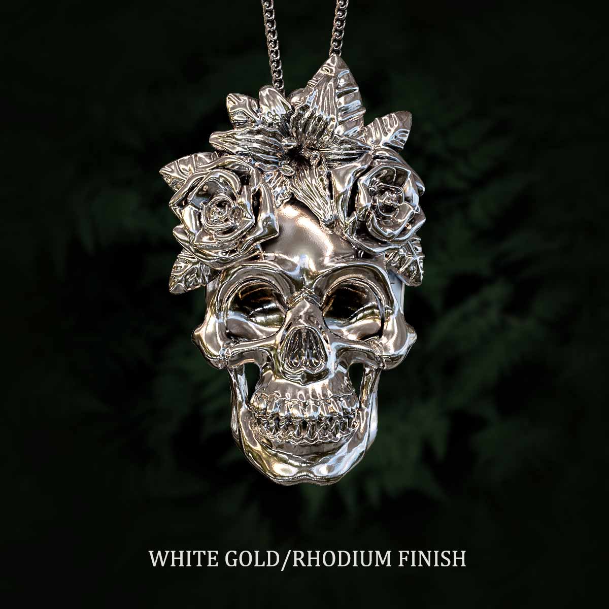     White-Gold-Rhodium-Finish-Human-Skull-and-Flowers-Pendant-Jewelry-For-Necklace