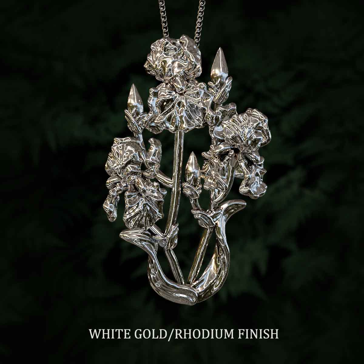White-Gold-Rhodium-Finish-Large-Iris-Flowers-Pendant-Jewelry-For-Necklace