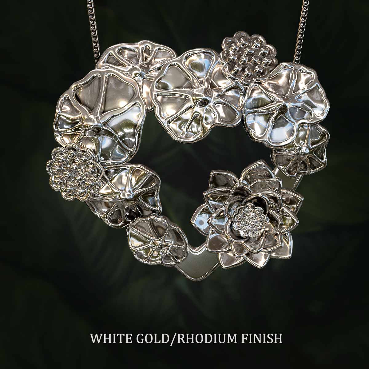White-Gold-Rhodium-Finish-Lotus-Leaves-with-Flower-and-Seed-Pods-Pendant-Jewelry-For-Necklace