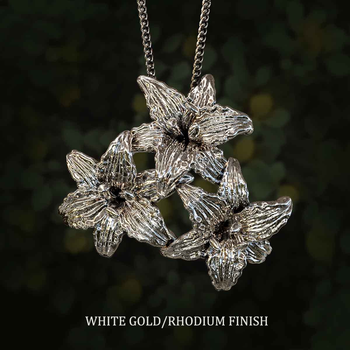     White-Gold-Rhodium-Finish-Three-Daylily-Flowers-Pendant-Jewelry-For-Necklace