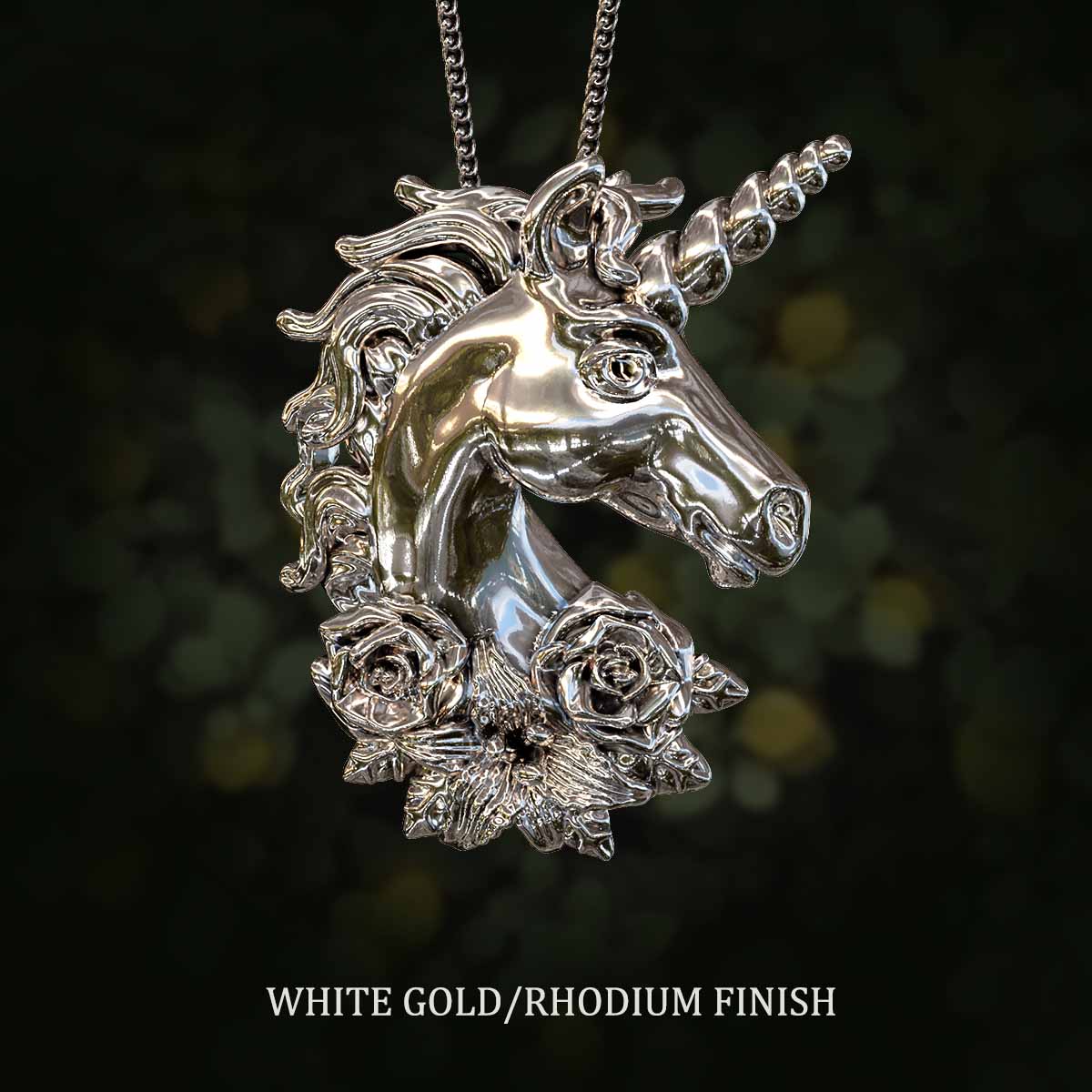     White-Gold-Rhodium-Finish-Unicorn-With-Flowers-Pendant-Jewelry-For-Necklace